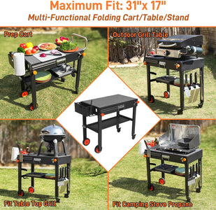 Outdoor Portable Grill Table Stand - Folding Prep Stand for 17" or 22" Blackstone Griddle, Large Space Blackstone Table with Wheels, Pizza Oven Cart for Ninja, Patio Grilling Backyard BBQ Grill Cart.