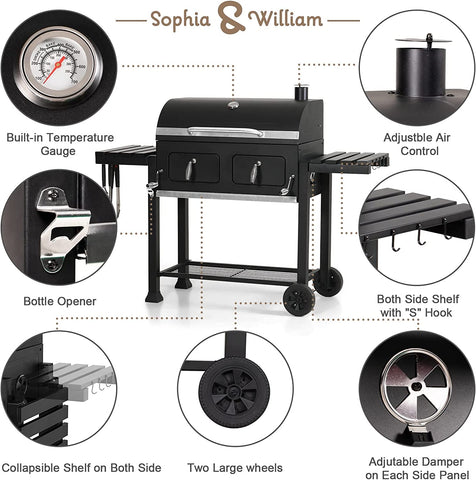 Image of Sophia & William Heavy-Duty Charcoal BBQ Grills Extra Large Outdoor Barbecue Grill with 794 SQ.IN. Cooking Area, Dual-Zone Individual & Adjustable Charcoal Tray and Foldable Side Table, Black
