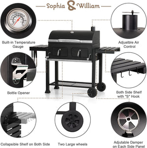 Sophia & William Heavy-Duty Charcoal BBQ Grills Extra Large Outdoor Barbecue Grill with 794 SQ.IN. Cooking Area, Dual-Zone Individual & Adjustable Charcoal Tray and Foldable Side Table, Black
