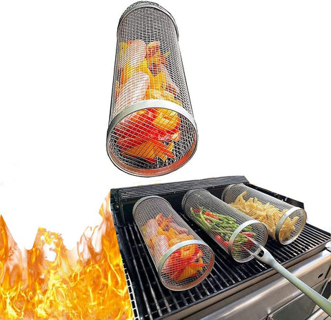 Image of Rolling Grilling Basket, Stainless Steel BBQ Grill Basket, Outdoor Camping Barbecue Portable Roll Grill Basket, Suitable for Fish, Shrimp, Meat, Vegetables, French Fries (11.8 Inch.)