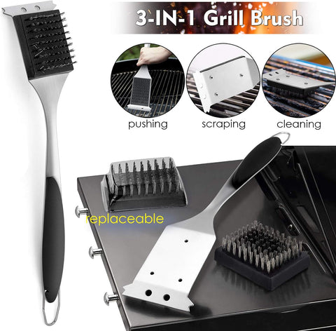 Image of BBQ Grill Set of 6, Stainless Steel Grill Accessories Tools for Outdoor Grilling Cooking Camping, Heavy Duty Grill Spatula, Tong, Fork, Basting Brush & Cleaning Brush, Black & Man’S Gift