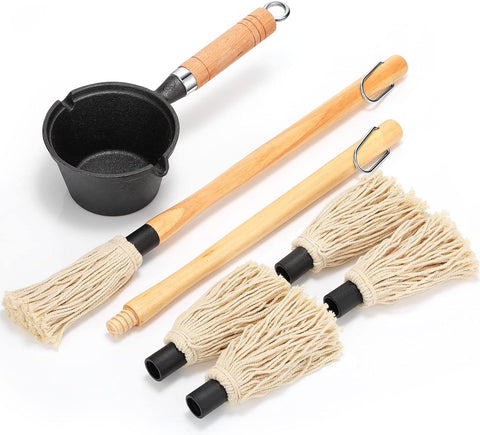 Image of 6 Pieces Iron Basting Pot and Brush for Grilling Barbecue Accessories 18 Inches Grill Basting Brush Wooden Long Handle BBQ Mop Brush for Sauce with Extra Replacement Heads and Saucepan for Grilling