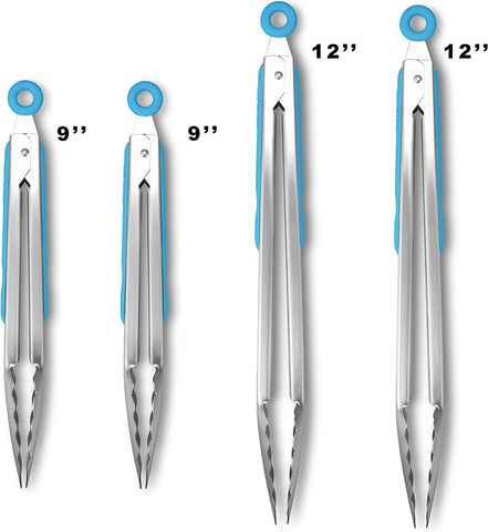 Image of 304 Stainless Steel Kitchen Cooking Tongs,9" and 12" Set of 4 Sturdy Grilling Barbeque Brushed Locking Food Tongs with Ergonomic Grip, Blue