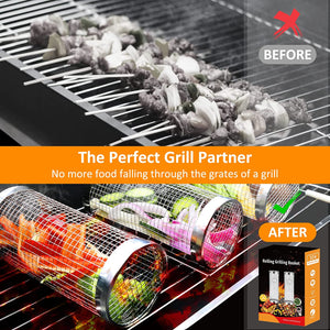Grill Basket 2 PCS, BBQ Grill Basket, Rolling Grilling Basket, Stainless Steel Grill Mesh Barbeque Grill Accessories, Portable Grill Baskets for Outdoor Grill for Fish, Shrimp, Meat, Vegetables, Fries