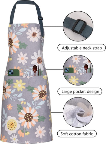 Image of 2 Pack Floral Apron for Women with Pockets, Adjustable Cotton Chef Aprons for Kitchen, Cooking, BBQ & Grill