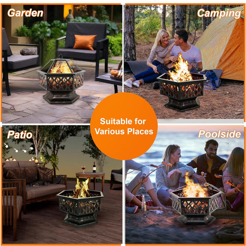 Image of F2C Hex-Shaped Fire Pit with Fire Picker for Garden 24 Inch Wood Burning Bonfire Firebowl Outdoor Portable Steel Firepit with Flame-Retardant Mesh Lid for Patio Backyard Garden Beach Camping Picnic