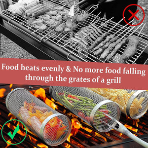 Rdipsie Grill Basket, Rolling Grilling Basket, Grill Baskets for Outdoor Ggrill, Outdoor round BBQ Stainless Steel Grill Basket Campfire Grill Grid for Outdoor Grill for Fish, Meat, Vegetables, Fries