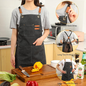 Canvas Cross Back Chef Cotton Aprons for Men Women with Large Pockets