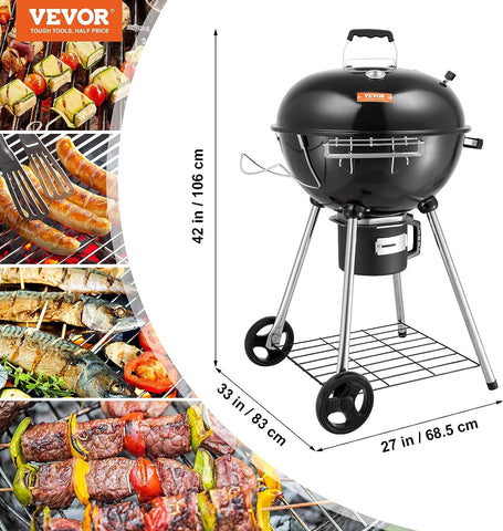 Image of VEVOR 22 Inch Kettle Charcoal Grill, Premium Kettle Grill with Wheels, Porcelain-Enameled Lid and Bowl with Slide Out Ash Catcher Thermometer for BBQ, Barbecue Camping, Picnic, Patio and Backyard
