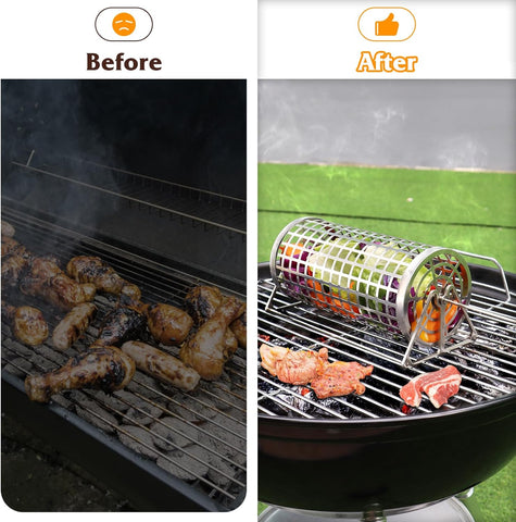 Image of Rolling Grilling Basket, BBQ Grill Basket, Rolling Grilling Baskets for Outdoor Grilling，Perfect for Vegetables, Fruit, Fries, Multifunctional round Barbecue Cooking Accessory. (1PCS)