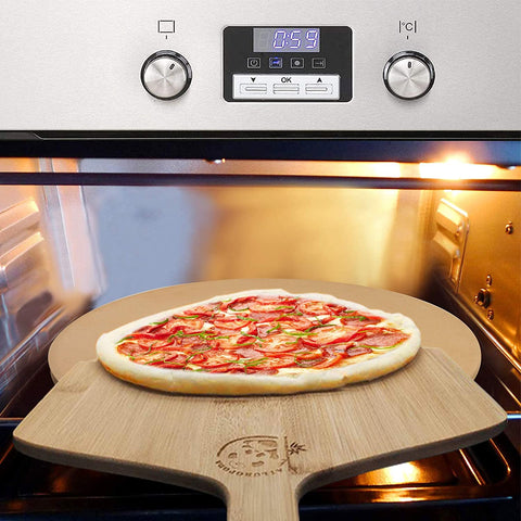 Image of 13" round Pizza Stone for Oven and Grill with Bamboo Pizza Paddle, Cleaning Scraper and Recipe Cordierite Baking Stone for Oven Thermal Shock Resistant