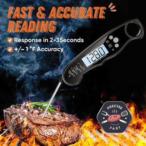Instant Read Meat Thermometer for Grill and Cooking, Fast & Precise Digital Food Thermometer with Backlight, Magnet, Calibration, and Foldable Probe for Kitchen, Outdoor Grilling and BBQ!…
