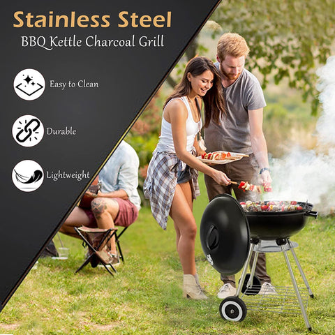 Image of BBQ Kettle Charcoal Grill Outdoor Portable Grill Backyard Cooking Stainless Steel for Standing & Grilling Steaks, Burgers, Backyard Pitmaster & Tailgating (18" Black)
