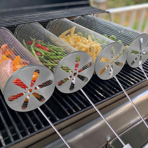 Rolling Grilling Baskets for Outdoor Grilling, Yosvge BBQ Grill Basket Cylinder Cage, round Vegetable Grilling Tubes, Stainless Steel Grill Mesh Barbeque Grill Accessories, for Fish, Shrimp, Meat, Vegetables, Fries