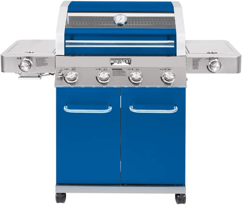 Image of Monument Grills Larger 4-Burner Propane Gas Grills Stainless Steel Cabinet Style with Clear View Lid, LED Controls, Built in Thermometer, and Side & Infrared Side Sear Burners, Blue