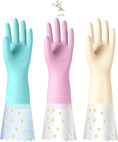 Image of 3 Pairs Rubber Cleaning Gloves for Household - Reusable Dishwashing Gloves for Kitchen, Waterproof Flocked Liner Dish Washing Gloves for Kitchen Bathroom, Laundry, Gardening (Large)