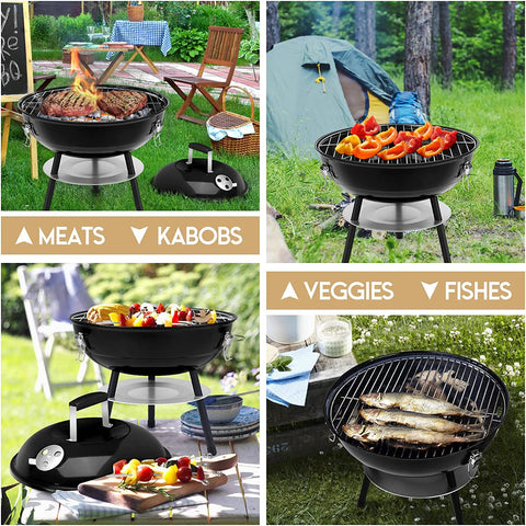 Image of 14 Inch Charcoal Grill,  Portable & Mini BBQ Grilling Smoker, Great for Outdoor Cooking Backyard Garden Camping Picnic Barbecue, Enamel Black Lid, plus a Screwdriver
