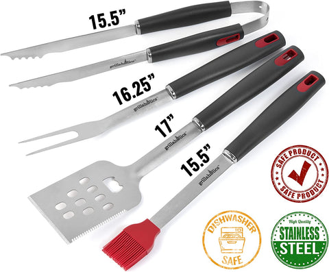 Image of BBQ Grill Tools Set - 4-Piece Heavy Duty Stainless Steel Barbecue Grilling Utensils - Premium Grill Accessories for Barbecue - Spatula, Tongs, Fork, and Basting Brush (Grey)