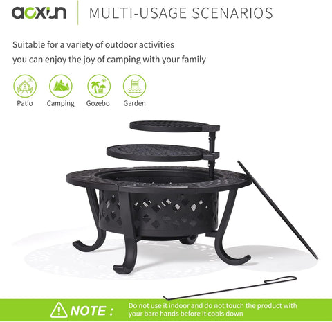 Image of Aoxun 28" Fire Pit,Outdoor Wood Burning Fire Pit with 2 Grills, BBQ Fire Table for Heating,Picnics,Camping