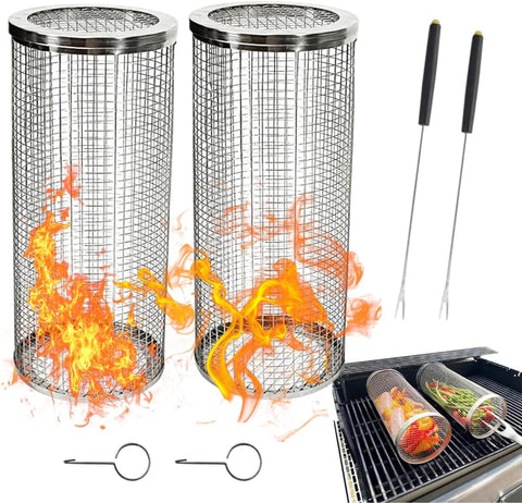 Image of 2Pcs Amazing Rolling Grilling Basket - Ultimate Grill Basket for Outdoor Grilling - Grill Baskets for Veggies, Fish, and More - Easy Rolling Design - Durable and Versatile BBQ Accessory - Enhance Your Grilling Experience (3.74"X3.74X11.8")