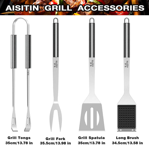 Image of AISITIN Grill Accessories 25PCS BBQ Tools Set Stainless Steel Grilling Kit with Thermometer, Fork, Tongs and Spatula, Grill Mat - Gifts for Dad Durable, Stainless Steel Grill Tools