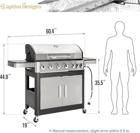 Image of Captiva Designs 6-Burners Propane Gas BBQ Grill with Side Burner & Porcelain-Enameled Cast Iron Grate for Outdoor Kitchen & Backyard Barbecue, 65,800 BTU Output,665 SQ.IN. Cooking Area,Stainless Steel