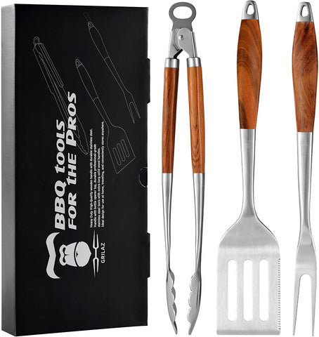 Image of GRILAZ Heavy-Duty Rose Wooden BBQ Grilling Tools Set. Extra Thick Stainless Steel Multi-Function Spatula, Fork & Tongs | Essential Accessories for Barbecue & Grill. Ideal Gift for Father