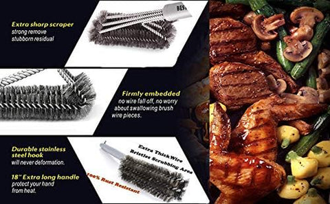 Image of BBQ Grill Brush Stainless Steel 18" Barbecue Cleaning Brush W/Wire Bristles & Soft Comfortable Handle - Perfect Cleaner & Scraper for Grill Cooking Grates