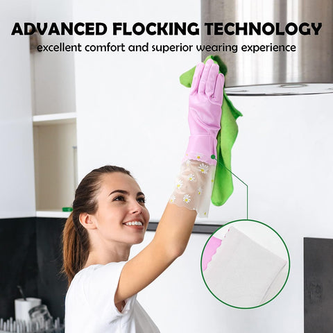 Image of Reusable Rubber Gloves for Dishwashing Cleaning, Non-Slip Cotton Lining Washing Glove Kitchen Waterproof Household Gloves