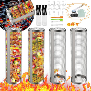 Grill Basket-Rolling Grilling Baskets, BBQ Prep Tub, Stainless Steel Non-Stick round Grill Grate Portable BBQ Net Tube for Outdoor Grilling Picnics Veggies Camping 4PCS