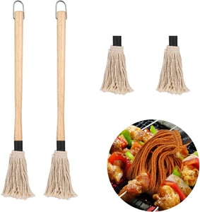 2Pcs Grill Basting Mops with 2Pcs Extra Replacement Brushes, 18 Inch Barbecue Mop Brush BBQ Sauce Basting Mops Oil Brush Basting Mops for Roasting or Grilling, Smoking, Steak