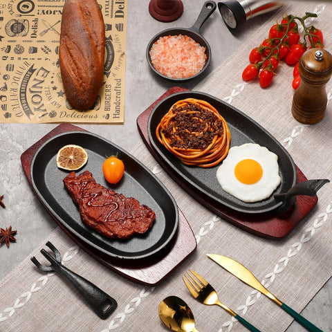 Image of 12 Pieces Oval Cast Iron Fajita Pan Set Sizzling Steak Plate with Wooden Base and Handle Cast Iron Steak Cast Iron Fajita Skillet Sizzling Plate for Home Restaurant and Barbecue Picnic