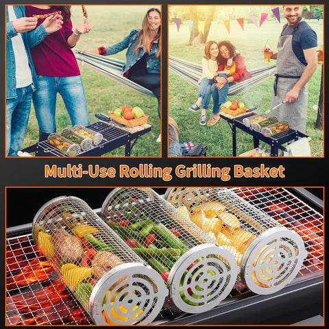 Image of Wrakus Rolling Grilling Baskets for Outdoor - Grill Grate Charcoal round BBQ Stainless Steel Basket Campfire Grid Camping Picnic Cookware (2PCS 200*90*90Mm&2Pcs 300*90*90Mm)