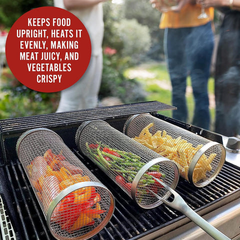 Image of 2PCS Rolling Grilling Baskets - Stainless Steel BBQ Net Tube, Portable Outdoor Camping Grill, round Charcoal Grill Basket for Vegetables, Fries, Fish, Shrimp, Meat - 11.8X3.5X3.5, Ultimate Grilling Accessory