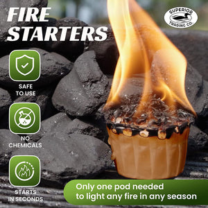 Superior Trading Fire Starter Pods in Plastic Bucket - Fire Starters for Campfires, BBQ, Grill, Pit, Wood Stove & Charcoal Starter, 15-20-Min Burn, 50 Extra Large Pods, USA Made, Brown, 3 Lbs