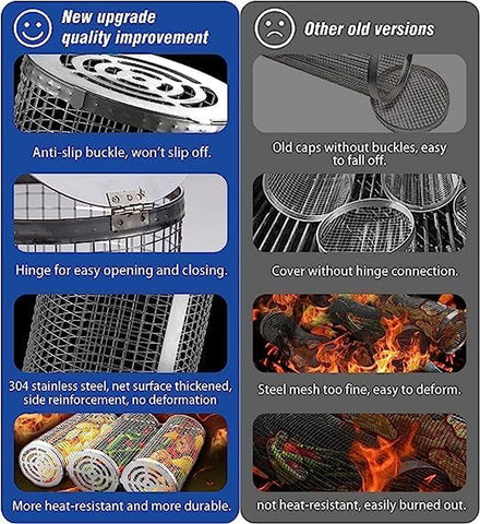Image of Raepperhan Rolling Grilling Basket, BBQ Grill Basket, Stainless Steel Rolling Grilling Basket, Outdoor Rolling Grilling Baskets for Fish Shrimp Meat Vegetables Fries (2P Is Big +2P I2P Is Big +2P Is Smalls, 4 PCS)