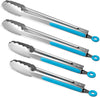 304 Stainless Steel Kitchen Cooking Tongs,9" and 12" Set of 4 Sturdy Grilling Barbeque Brushed Locking Food Tongs with Ergonomic Grip, Blue