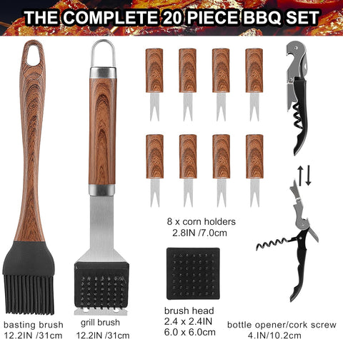 Image of 20PCS Heavy Duty BBQ Grill Tools Set - Extra Thick Stainless Steel Spatula, Fork& Tongs. Complete Barbecue Accessories Kit in Aluminum Storage Case - Perfect Grill Gifts for Men