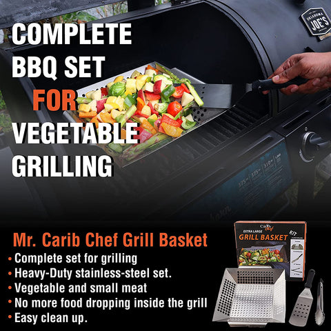 Image of Large Vegetable Grill Basket Heavy Duty BBQ Grilling Accessories Nonstick Stainless Steel Cooking Baskets Veggie and Meat Best BBQ Utensil Set Work on All Outdoor Barbecue & Smoker Weber Grill Gift
