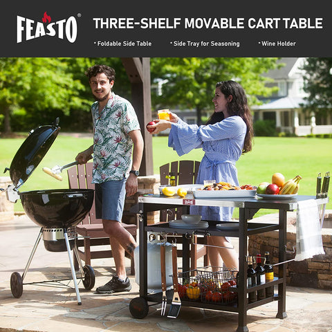 Image of 3-Shelf Movable Food Prep Table, Pizza Oven Table, BBQ Grilling Table,Grill Cart with Side Table, Home & Outdoor Stainless Steel Table Top Grill Tables on 2 Wheels, L50 Xw21.7 Xh33
