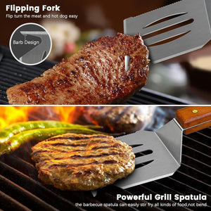 Grill Spatula, 16" Large Fish Spatula, 5-In-1 Barbecue Turners, Stainless Steel Spatula, Grill Spatulas for Outdoor Grill, Spatula Hamburger with Long Wood Handle for Barbecue, Steak, Pizza & More