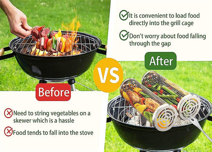 2 Pack New-Upgrade Rolling Grilling Basket, 304 Stainless Steel round BBQ Grill Basket Camping Barbecue Rack, Camping Picnic Cookware Rolling Grilling Baskets for Vegetables Meat Fish Outdoor Grilling
