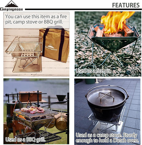 Image of CAMPINGMOON Tabletop Charcoal Grill Small Size Wood Burning Grill and Fire Pit 9.65-Inch Portable Stainless Steel with Carrying Bag X-MINI-PRO