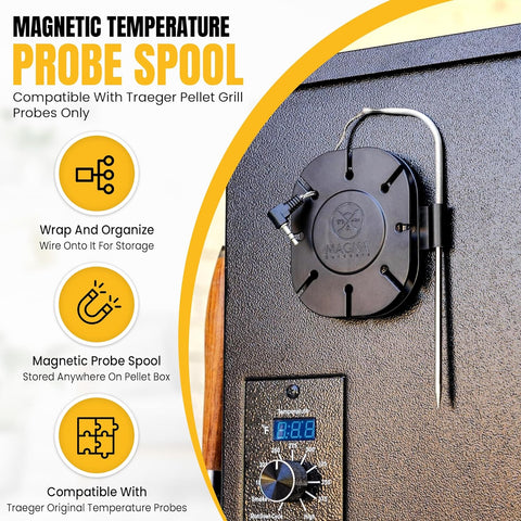Image of Temperature Probe Magnetic Spool Organizer Compatible with Traeger Manufactured Heat Probes Only - Allows You to Wrap Your Temperature Probe and Wire and Store inside or on Pellet Hopper