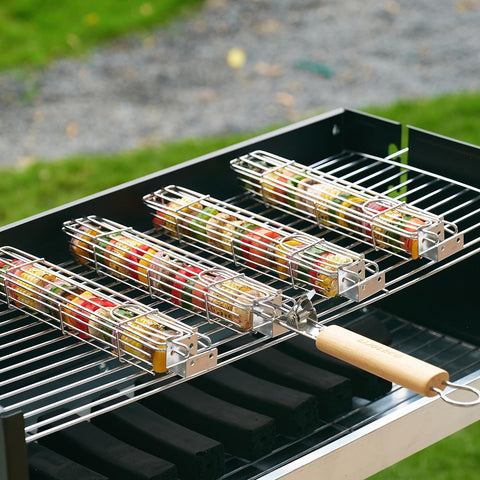 Image of Large Kabob Grilling Basket - Kabob Basket Set of 4 Pieces and Corn Stand 2 Pairs - Outdoor BBQ Accessory - Wooden Detachable Handle - Suitable for Grilling Meats, Fish, Seafood, and Vegetables