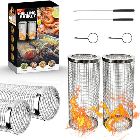 Image of 2Pcs Amazing Rolling Grilling Basket - Ultimate Grill Basket for Outdoor Grilling - Grill Baskets for Veggies, Fish, and More - Easy Rolling Design - Durable and Versatile BBQ Accessory - Enhance Your Grilling Experience (3.74"X3.74X11.8")