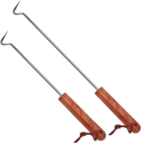 Image of 2Pcs Food Flipper Turner Hooks Stainless Steel BBQ Meat Hooks Cooking Barbecue Turners Hooks Grill Accessories with Wooden Handle for Grilling & Smoking (17.5 In+12.5 In)