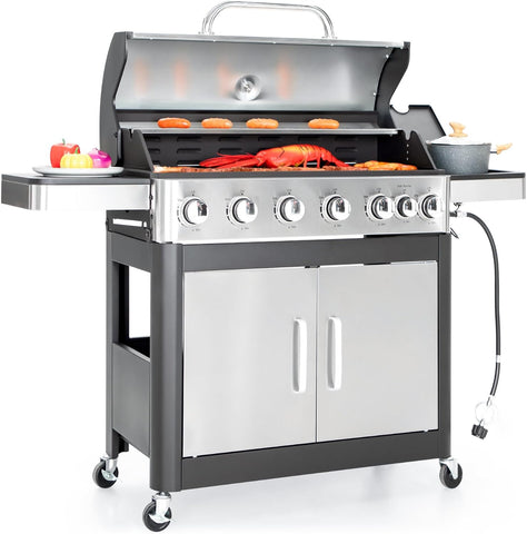 Image of Captiva Designs 6-Burners Propane Gas BBQ Grill with Side Burner & Porcelain-Enameled Cast Iron Grate for Outdoor Kitchen & Backyard Barbecue, 65,800 BTU Output,665 SQ.IN. Cooking Area,Stainless Steel