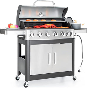 Captiva Designs 6-Burners Propane Gas BBQ Grill with Side Burner & Porcelain-Enameled Cast Iron Grate for Outdoor Kitchen & Backyard Barbecue, 65,800 BTU Output,665 SQ.IN. Cooking Area,Stainless Steel