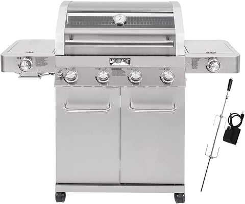 Image of Monument Grills Larger 4-Burner Propane Gas Grills Stainless Steel Cabinet Style with Side & Infrared Side Sear Burners with Stainless Steel Rotisserie Kit(2 Items)